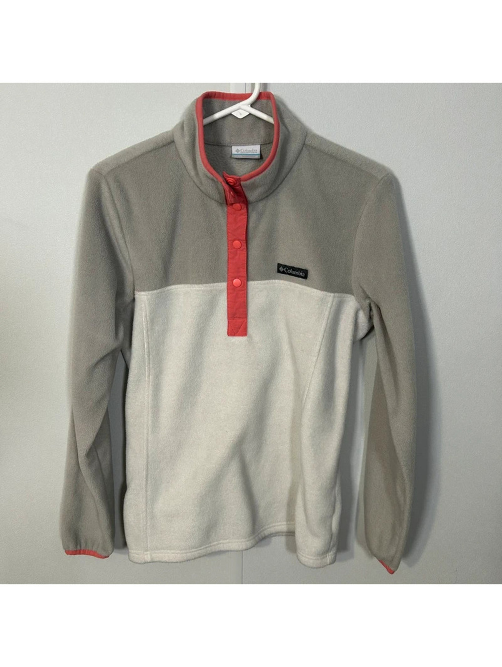 Columbia Women’s M Fleece Pullover Gray Cream Coral Snap Neck Outdoor